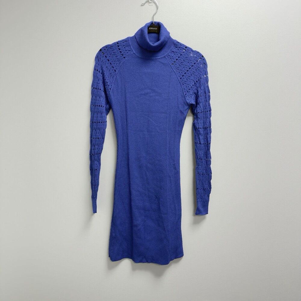 Bebe Blue Turtleneck Knit Size S Cutout Lace Shoulder Bodycon Sweater Dress Mini
